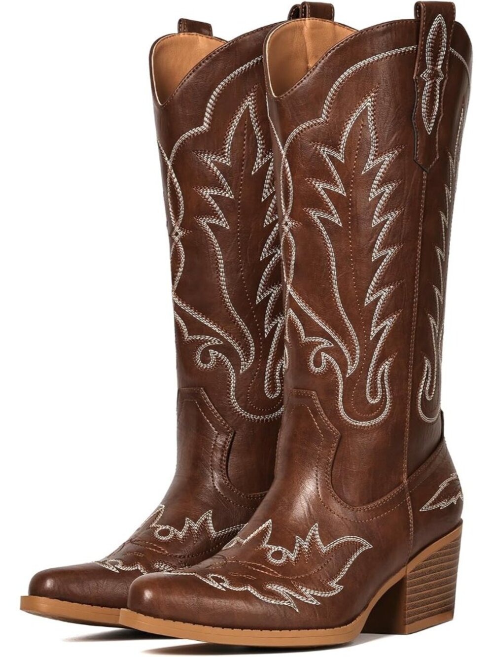 Women Pu Brown Pull-On Western Mid-Calf Cowboy Snip Toe Chunky Block Heel - Picture 1 of 6